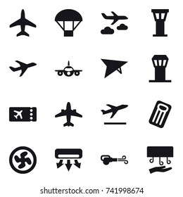 16 vector icon set : plane, parachute, journey, airport tower, deltaplane, ticket, airplane, departure, inflatable mattress, cooler fan, air conditioning, blower, hand dryer