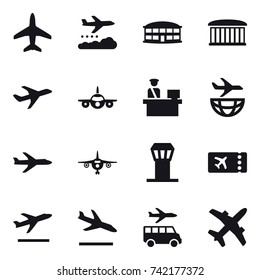 16 vector icon set : plane, weather management, airport building, airport tower, ticket, departure, arrival, transfer