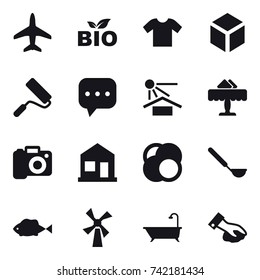 16 vector icon set : plane, bio, t-shirt, 3d, repair, restaurant, camera, home, ladle, windmill, bath, wiping