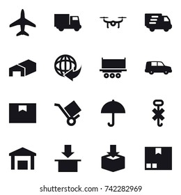 16 vector icon set : plane, truck, drone, delivery, warehouse, package