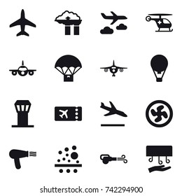 16 vector icon set : plane, factory filter, journey, air balloon, airport tower, ticket, arrival, cooler fan, hair dryer, blower, hand dryer