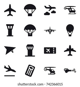 16 vector icon set : plane, parachute, journey, airport tower, air ballon, deltaplane, ticket, airplane, arrival, inflatable mattress, blower