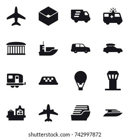 16 vector icon set : plane, box, delivery, airport building, car baggage, trailer, taxi, air ballon, airport tower, baggage checking, airplane, cruise ship, yacht