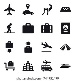 16 vector icon set : plane, car pointer, greate wall, taxi, tourist, suitcase iocn, suitcase, passport, baggage get, baggage, arrival, tent, baggage trolley, hotel, transfer, yacht