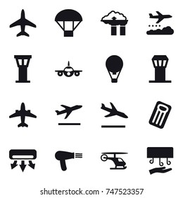 16 vector icon set : plane, parachute, factory filter, weather management, airport tower, air ballon, airplane, departure, arrival, inflatable mattress, air conditioning, hair dryer, hand dryer