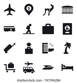 16 vector icon set : plane, dollar pin, great wall, building, bus, tourist, suitcase icon, passport, suitcase, baggage, hotel, palm, baggage trolley, transfer, yacht, bed