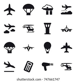 16 vector icon set : plane, parachute, factory filter, weather management, journey, airport tower, air ballon, airplane, arrival, inflatable mattress, hair dryer