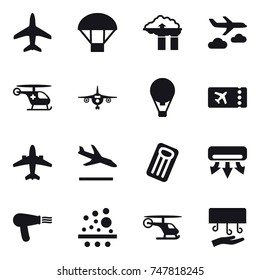 16 vector icon set : plane, parachute, factory filter, journey, air ballon, ticket, airplane, arrival, inflatable mattress, air conditioning, hair dryer, hand dryer