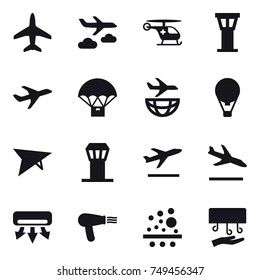 16 vector icon set : plane, journey, airport tower, air ballon, deltaplane, departure, arrival, air conditioning, hair dryer, hand dryer