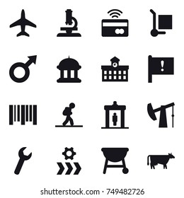 16 vector icon set : plane, microscope, tap to pay, cargo stoller, goverment house, university, tourist, detector, cow