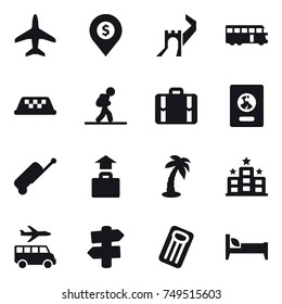 16 vector icon set : plane, dollar pin, greate wall, bus, taxi, tourist, suitcase, passport, baggage, palm, hotel, transfer, signpost, inflatable mattress, bed