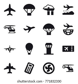 16 vector icon set : plane, parachute, factory filter, weather management, air ballon, airport tower, ticket, airplane, inflatable mattress, cooler fan