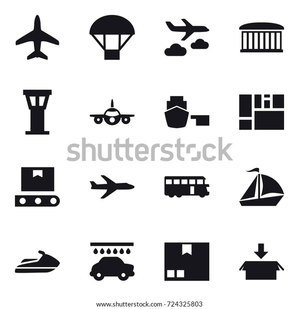 16 vector icon set : plane, parachute, journey,\
airport building, airport tower, bus, sail boat, jet ski, car wash,\
package