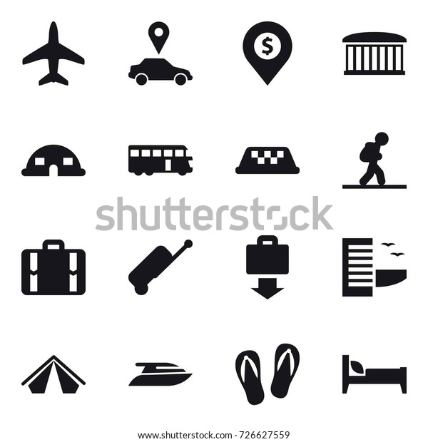 16 vector icon set : plane, car\
pointer, dollar pin, airport building, dome house, bus, taxi,\
tourist, suitcase, baggage get, hotel, tent, yacht, flip-flops,\
bed
