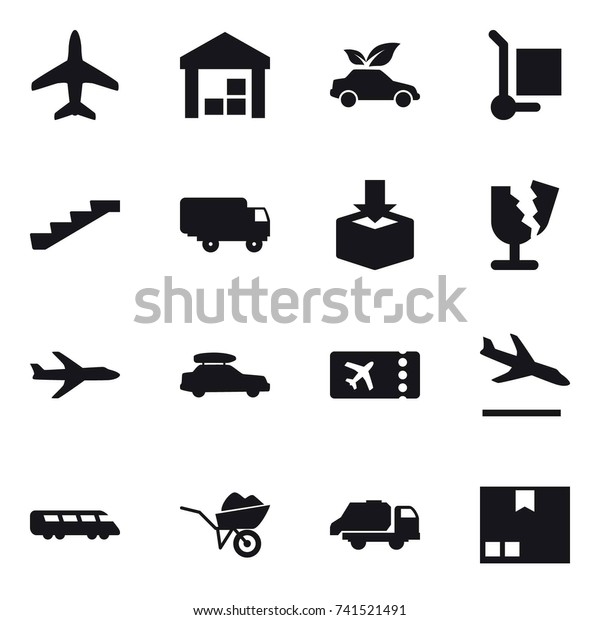 16 vector icon set : plane, warehouse, eco car,\
cargo stoller, stairs, car baggage, ticket, arrival, wheelbarrow,\
trash truck, package