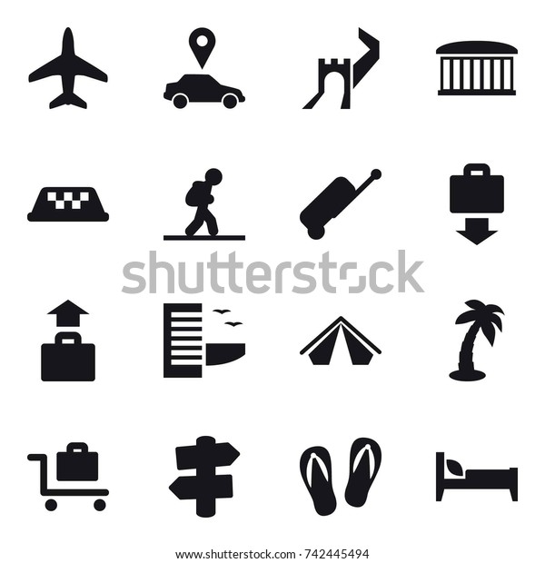 16\
vector icon set : plane, car pointer, greate wall, airport\
building, taxi, tourist, suitcase, baggage get, baggage, hotel,\
tent, palm, baggage trolley, signpost, flip-flops,\
bed