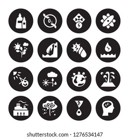 16 vector icon set : Plastic, Environment, Fruit tree, Geothermal Energy, Geyser, Ecologism, Nature, house effect, Hydro power isolated on black background