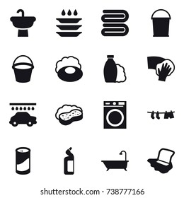 16 vector icon set : plate washing, towel, bucket, soap, shampoo, wiping, car wash, sponge with foam, washing machine, drying clothe, cleanser powder, toilet cleanser, bath, floor washing