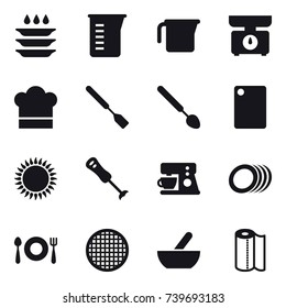 16 vector icon set : plate washing, measuring cup, kitchen scales, cook hat, spatula, big spoon, cutting board, mortar, paper towel