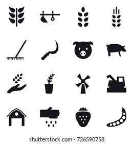 16 vector icon set : plow, spikelets, rake, sickle, pig, harvest, seedling, windmill, harvester, barn, sow, strawberry, peas