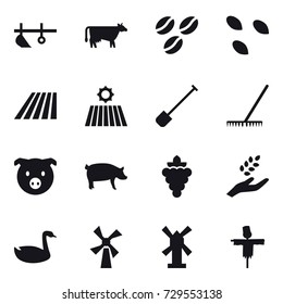 16 vector icon set : plow, cow, coffee seeds, seeds, field, shovel, rake, pig, grape, harvest, goose, windmill, scarecrow