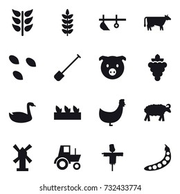 16 vector icon set : plow, cow, seeds, shovel, pig, grape, goose, seedling, chicken, sheep, windmill, tractor, scarecrow, peas