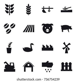 16 vector icon set : plow, soil cutter, coffee seeds, field, pig, seedling, goose, windmill, harvester, barn, sow, grain elevator
