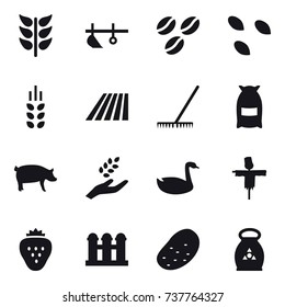 16 vector icon set : plow, coffee seeds, seeds, spikelets, field, rake, flour, pig, harvest, goose, scarecrow, strawberry, grain elevator, potato, fertilizer