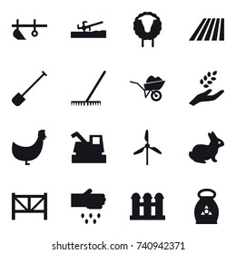 16 vector icon set : plow, soil cutter, sheep, field, shovel, rake, wheelbarrow, harvest, chicken, harvester, windmill, rabbit, farm fence, sow, grain elevator, fertilizer