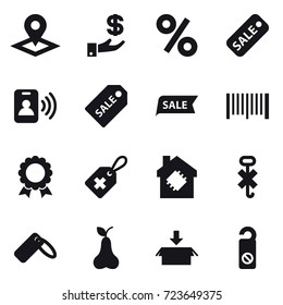 16 vector icon set : pointer, investment, percent, sale, pass card, sale label, sale, barcode, medal, smart house, pear, package, do not distrub