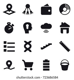 16 vector icon set : pointer, share, wallet, circle diagram, stopwatch, bulb head, cloud wireless, home, list, stairs, ruler, cart, bucket