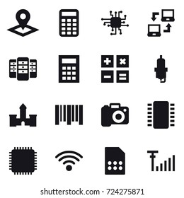 16 vector icon set : pointer, calculator, chip, notebook connect, server, spark plug, castle, camera
