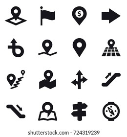 16 vector icon set : pointer, flag, dollar pin, right arrow, escalator, map, signpost, compass