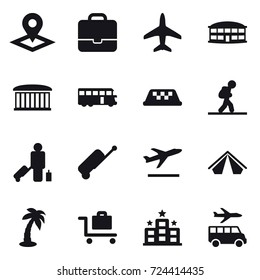 16 vector icon set : pointer, portfolio, plane, airport building, bus, taxi, tourist, passenger, suitcase, departure, tent, palm, baggage trolley, hotel, transfer