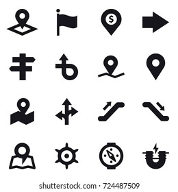 16 vector icon set : pointer, flag, dollar pin, right arrow, singlepost, escalator, map, handwheel, compass