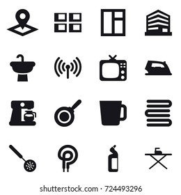 16 vector icon set : pointer, panel house, window, wireless, tv, iron, coffee maker, pan, cup, towels, skimmer, toilet cleanser, iron board