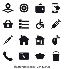 16 vector icon set : pointer, target, wallet, touch, delete cart, list, home, pan, bucket