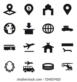 16 vector icon set : pointer, dollar pin, minaret, globe, car baggage, bus, departure, bungalow, lounger, hawaiian wreath, transfer, inflatable pool
