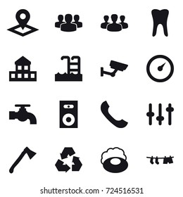 16 vector icon set : pointer, group, cottage, pool, surveillance, barometer, water tap, speaker, axe, recycling, soap, drying clothe