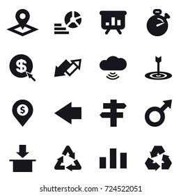 16 vector icon set : pointer, diagram, presentation, stopwatch, dollar arrow, up down arrow, cloud wireless, target, dollar pin, left arrow, singlepost, recycling