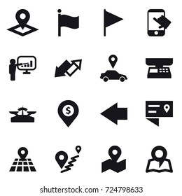 16 vector icon set : pointer, flag, touch, presentation, up down arrow, car pointer, market scales, scales, dollar pin, left arrow, map