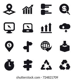 16 vector icon set : pointer, diagram, dollar arrow, monitor arrow, notebook, graph up, cloude service, dollar pin, signpost, recycling