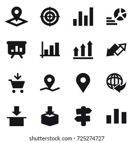 16 vector icon set : pointer, target, graph, diagram, presentation, graph up, up down arrow, add to cart, signpost