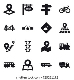 16 vector icon set : pointer, shop signboard, singlepost, bike, bridge, drawbridge, under construction, train, bus, map, sweeper