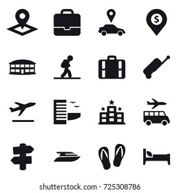 16 vector icon set : pointer, portfolio, car pointer, dollar pin, airport building, tourist, suitcase, departure, hotel, transfer, signpost, yacht, flip-flops, bed