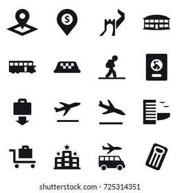 16 vector icon set : pointer, dollar pin, greate wall, airport building, bus, taxi, tourist, passport, baggage get, departure, arrival, hotel, baggage trolley, transfer, inflatable mattress