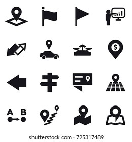 16 vector icon set : pointer, flag, presentation, up down arrow, car pointer, scales, dollar pin, left arrow, singlepost, map