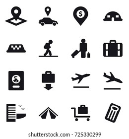 16 vector icon set : pointer, car pointer, dollar pin, dome house, taxi, tourist, passenger, suitcase, passport, baggage get, departure, arrival, hotel, tent, baggage trolley, inflatable mattress