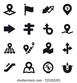 16 vector icon set : pointer, flag, up down arrow, dollar pin, right arrow, singlepost, escalator, map, compass