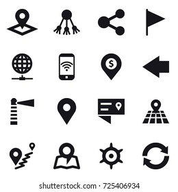 16 vector icon set : pointer, share, flag, globe connect, phone wireless, dollar pin, left arrow, lighthouse, map, handwheel, reload